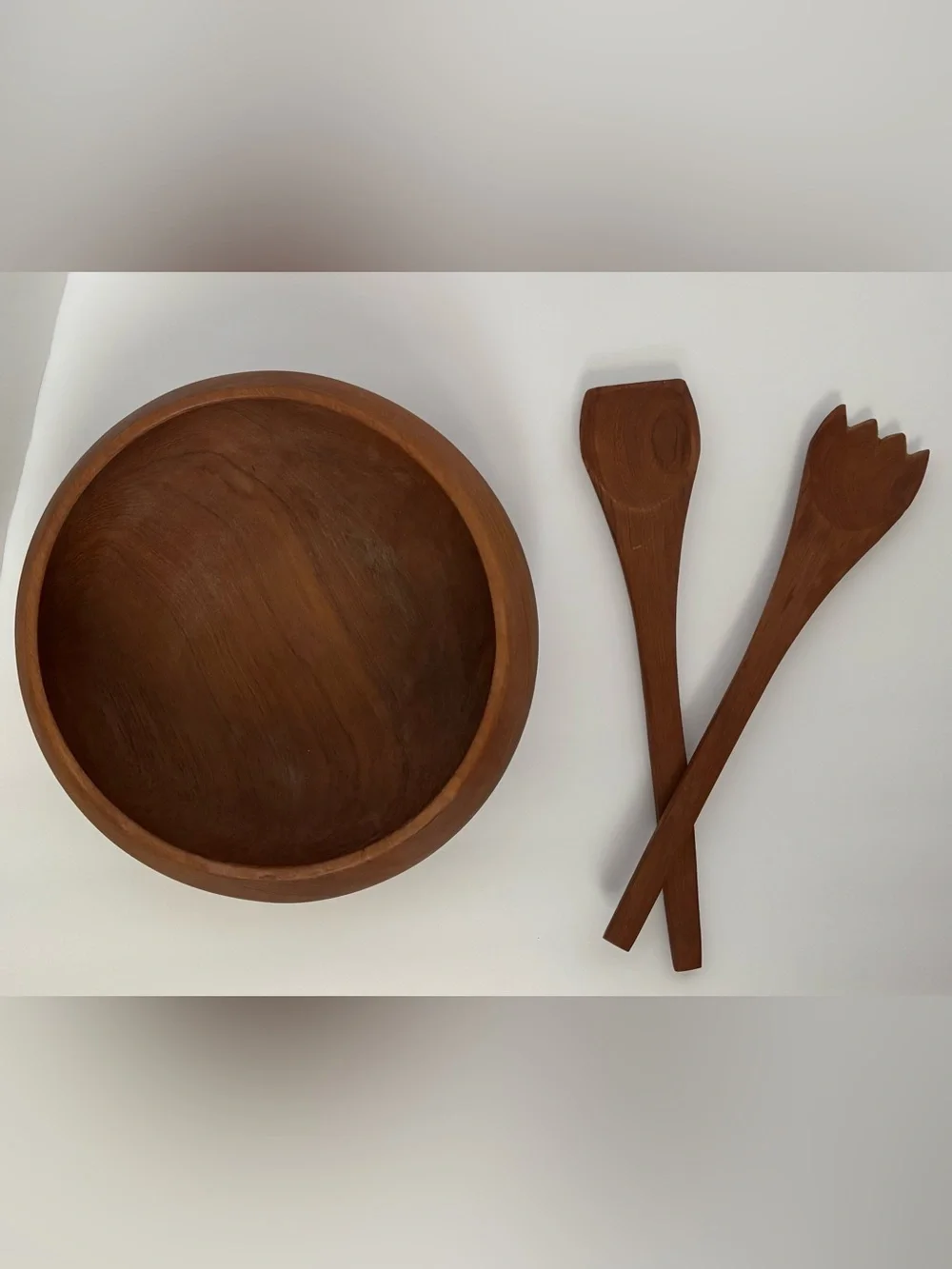 Vintage Mid-Century Modern Teak Salad Bowl Set with Matching Utensils